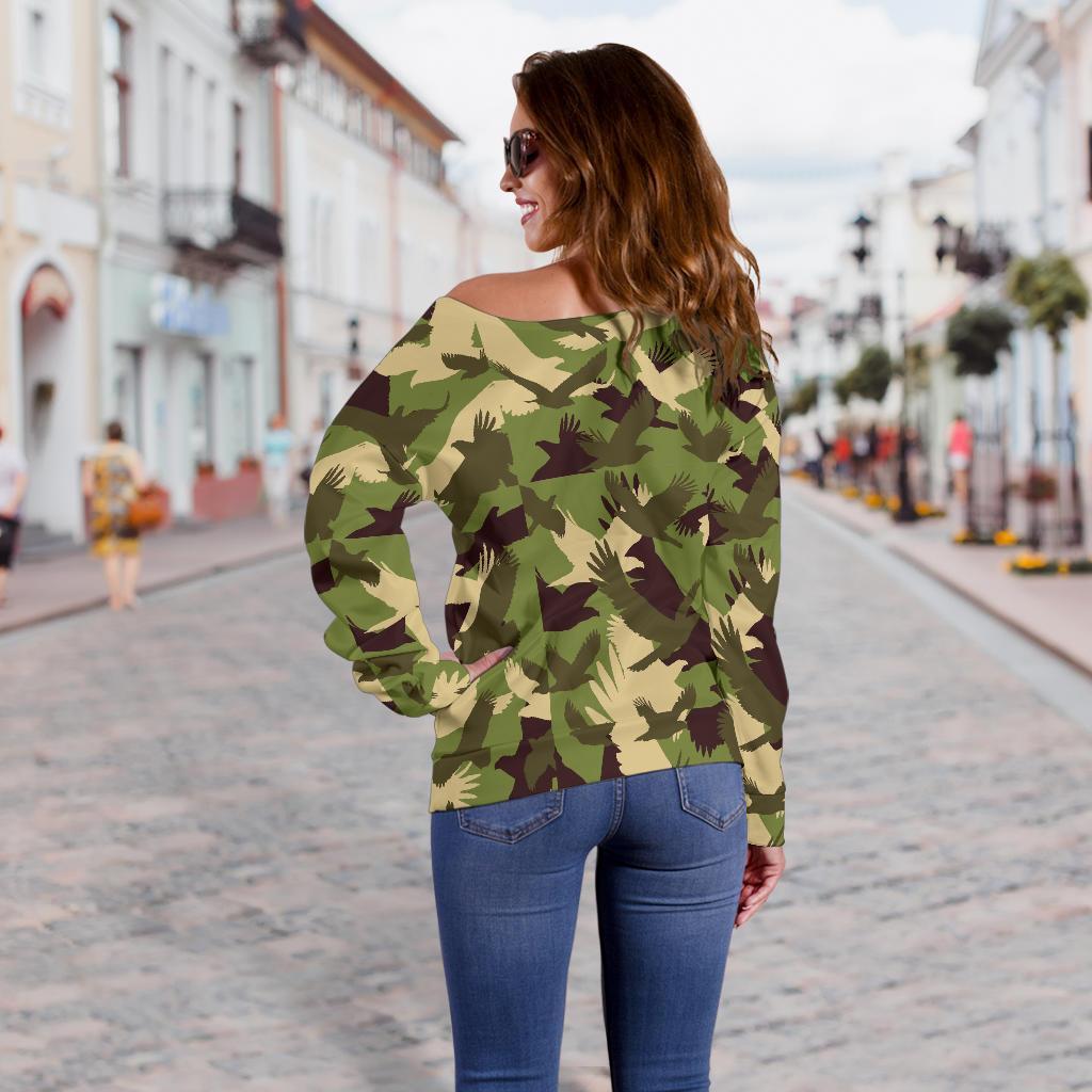 Eagle Camo Pattern Print Women Off Shoulder Sweatshirt-grizzshop