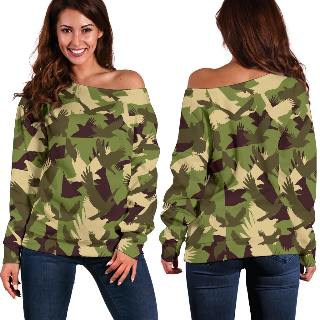 Eagle Camo Pattern Print Women Off Shoulder Sweatshirt-grizzshop