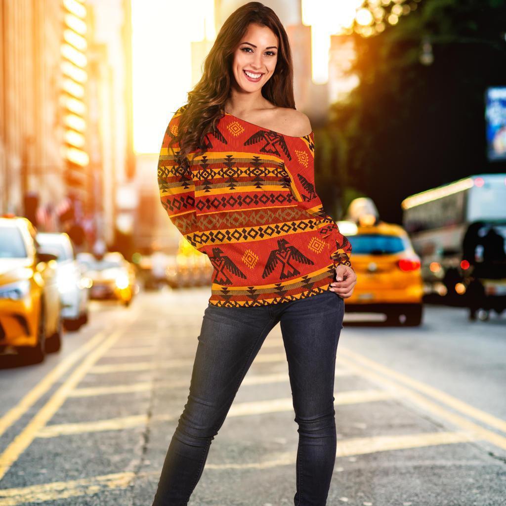 Eagle Native American Pattern Print Women Off Shoulder Sweatshirt-grizzshop