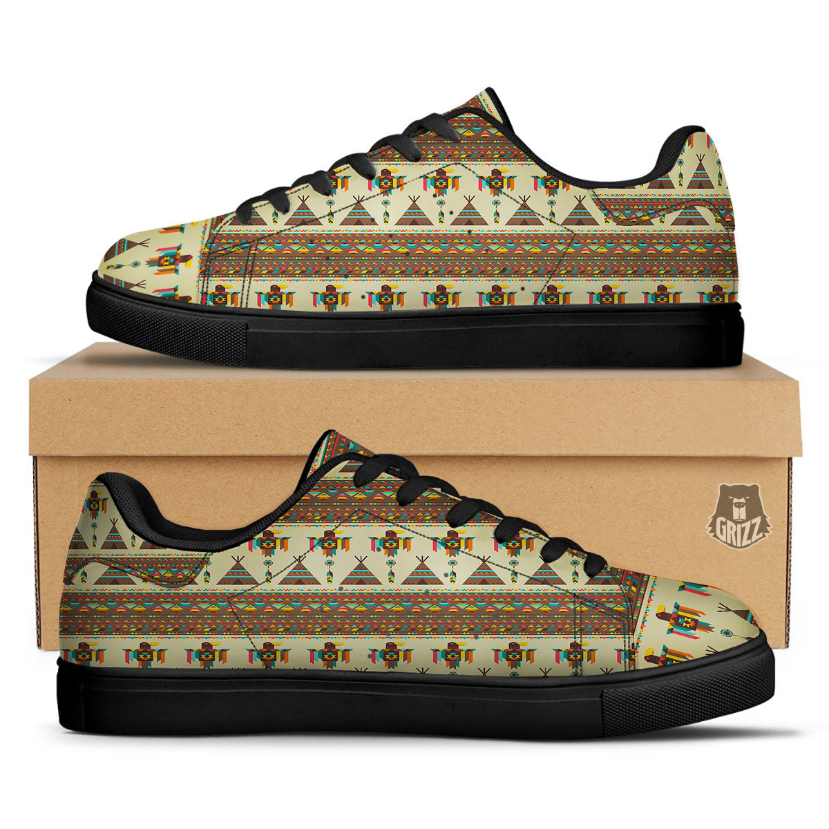 Eagle Native American Print Pattern Black Low Top Sneakers-grizzshop
