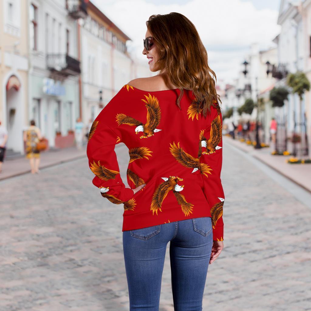 Eagle Red Pattern Print Women Off Shoulder Sweatshirt-grizzshop