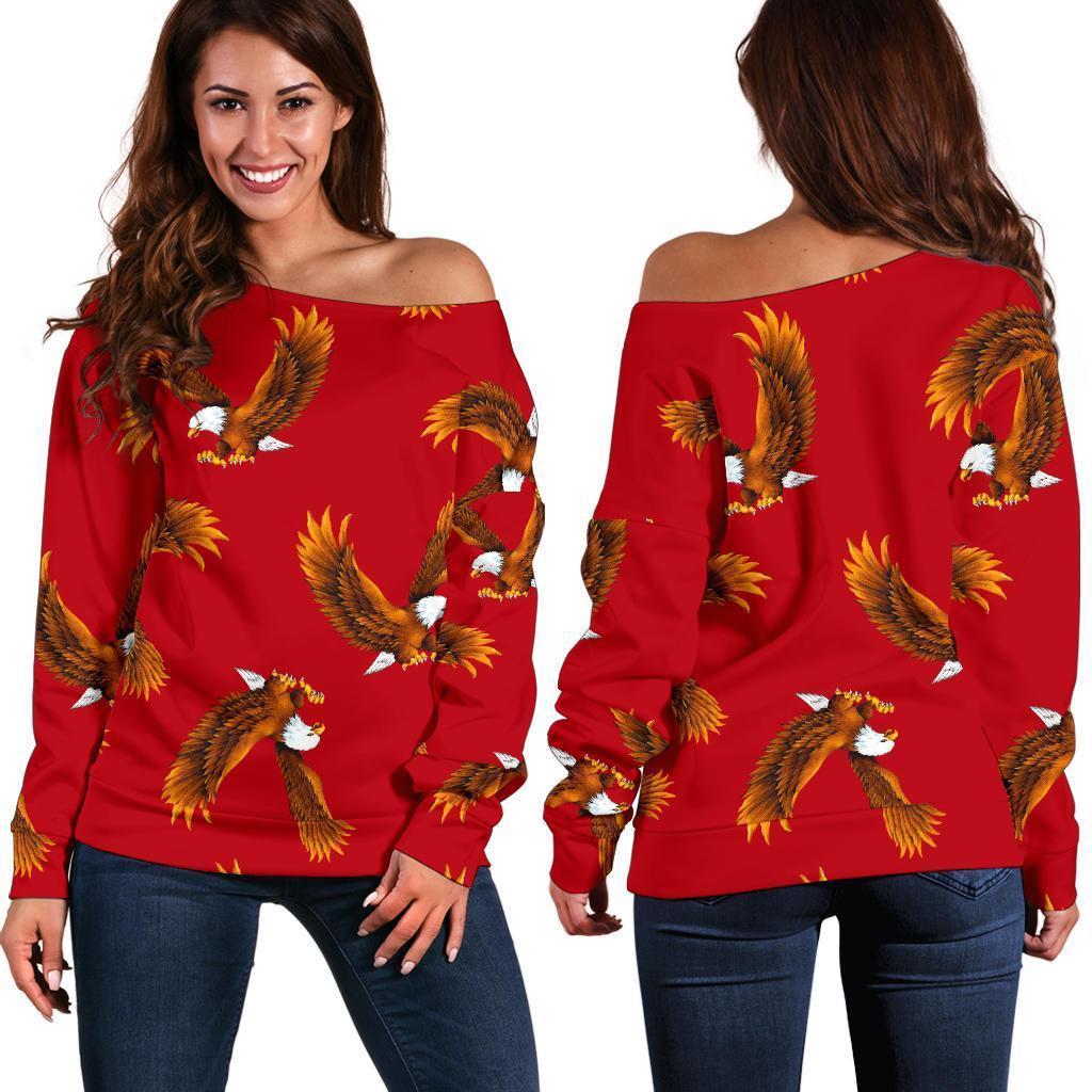 Eagle Red Pattern Print Women Off Shoulder Sweatshirt-grizzshop