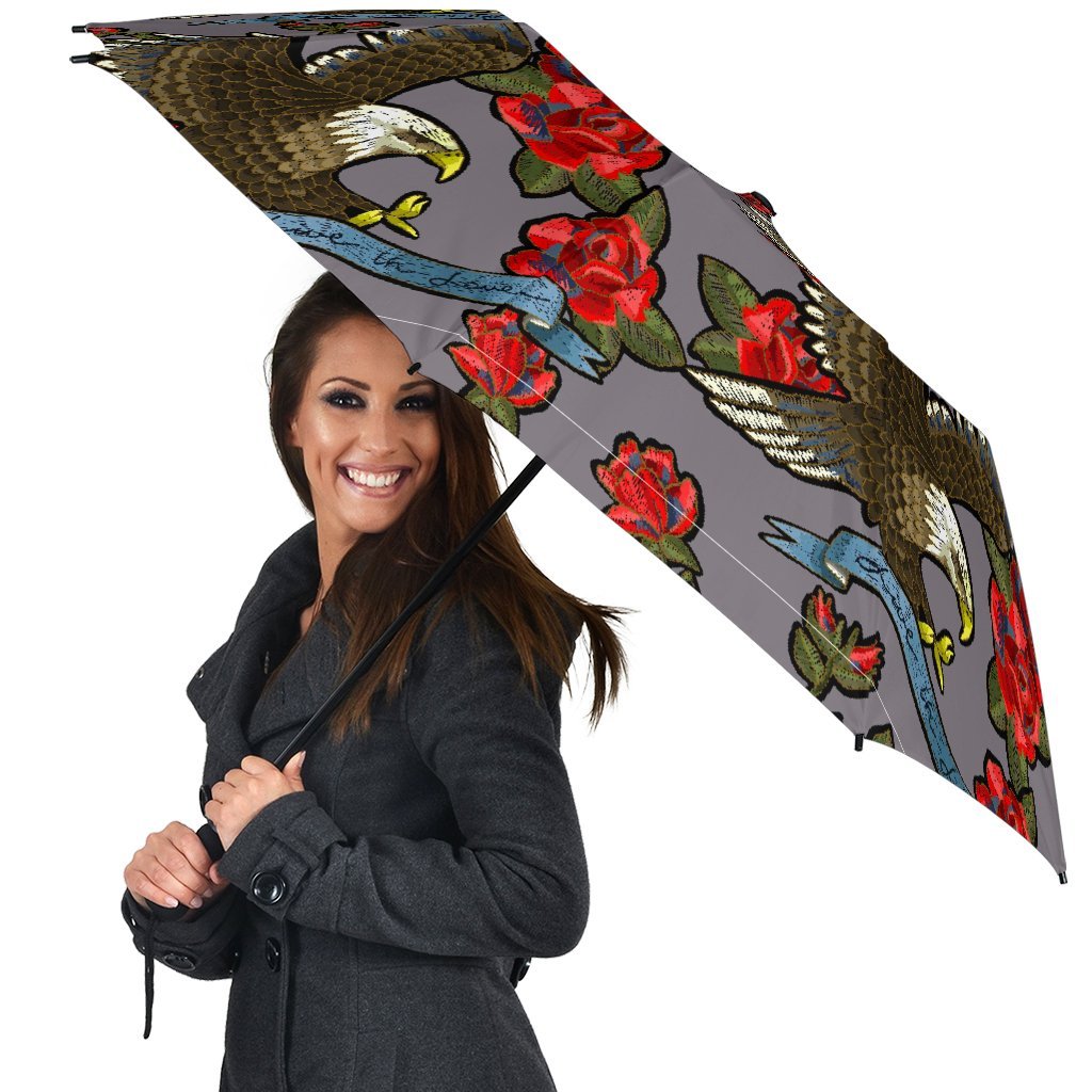 Eagle Rose Pattern Print Automatic Foldable Umbrella-grizzshop