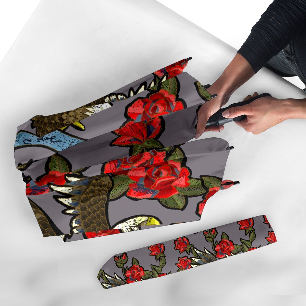 Eagle Rose Pattern Print Automatic Foldable Umbrella-grizzshop
