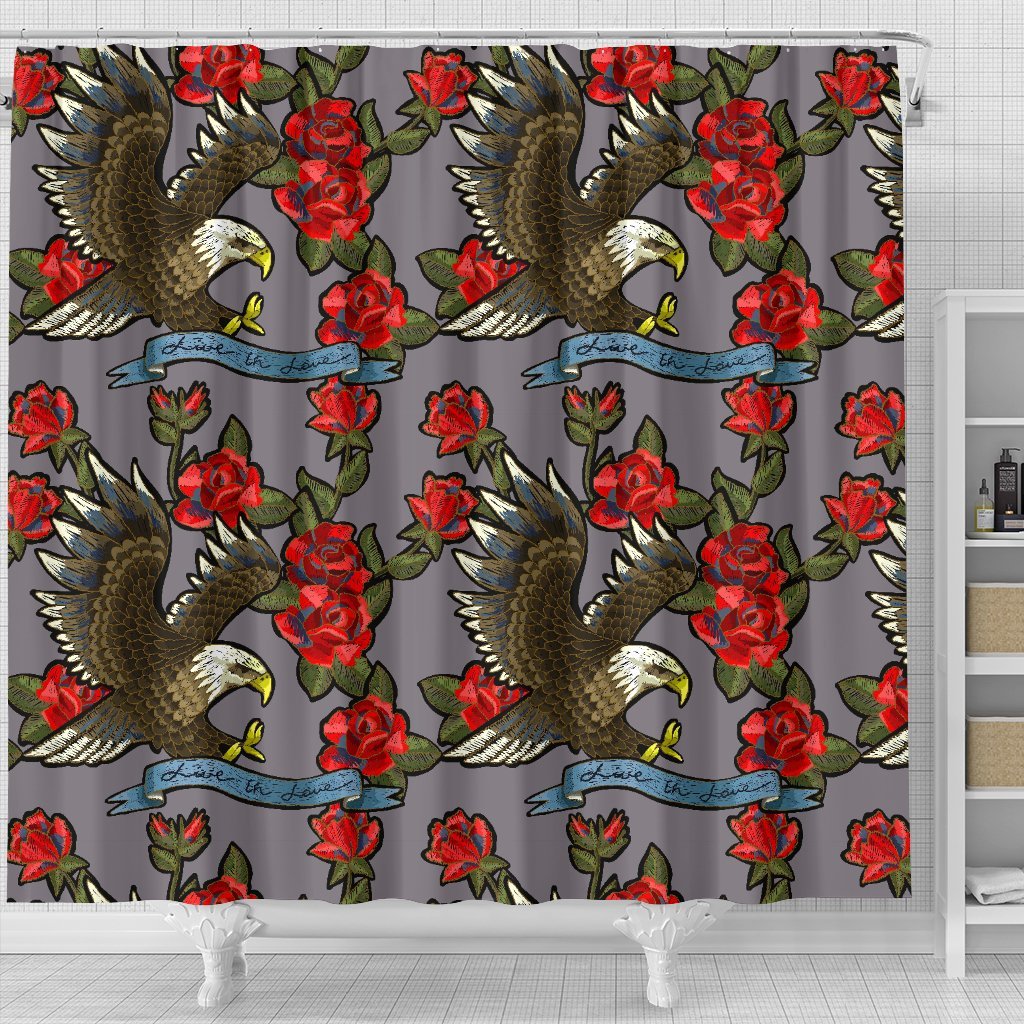 Eagle Rose Pattern Print Bathroom Shower Curtain-grizzshop