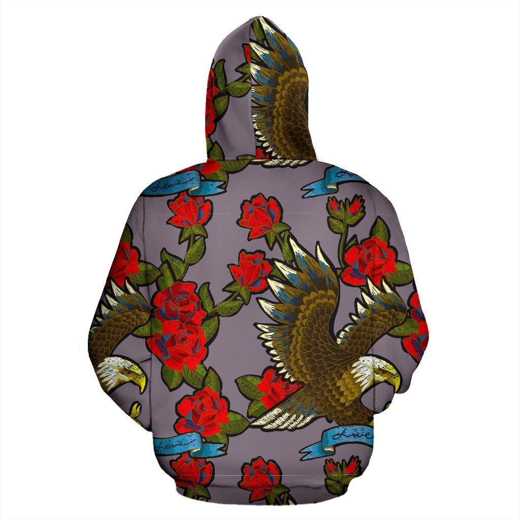 Eagle Rose Pattern Print Men Women Pullover Hoodie-grizzshop