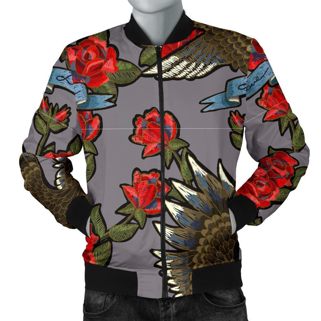 Eagle Rose Pattern Print Men's Bomber Jacket-grizzshop