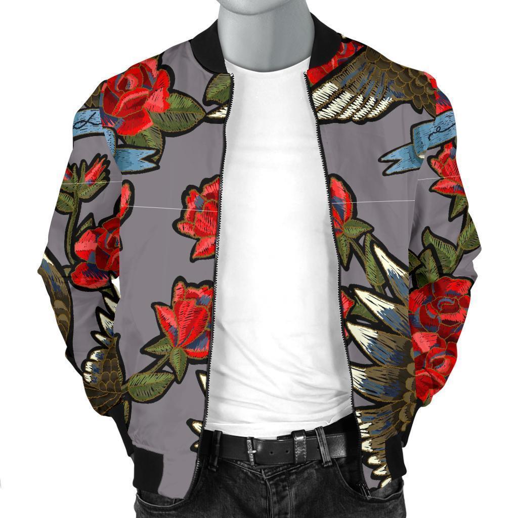 Eagle Rose Pattern Print Men's Bomber Jacket-grizzshop