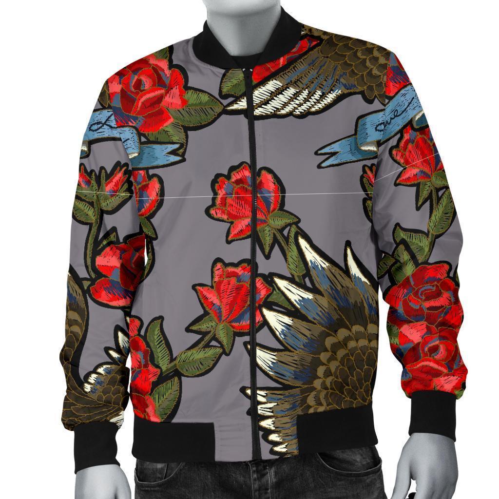 Eagle Rose Pattern Print Men's Bomber Jacket-grizzshop