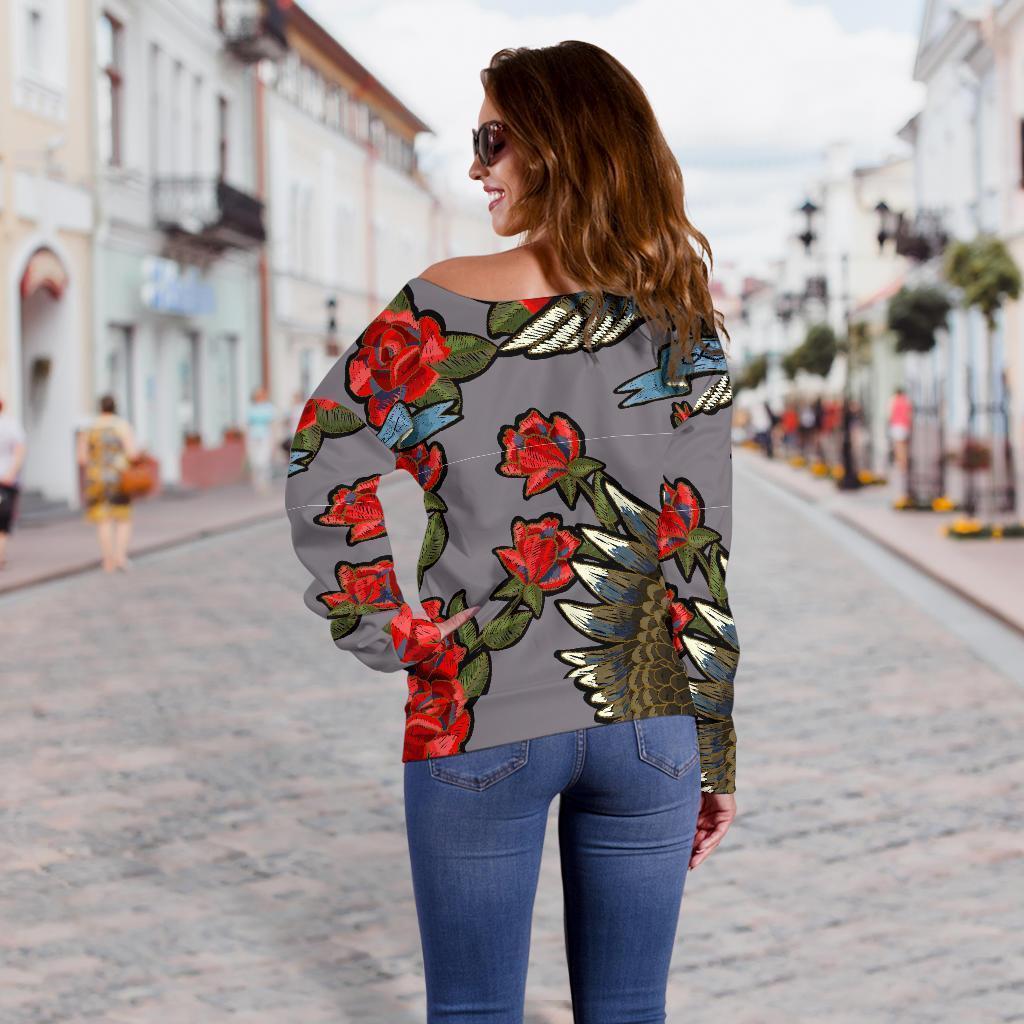 Eagle Rose Pattern Print Women Off Shoulder Sweatshirt-grizzshop