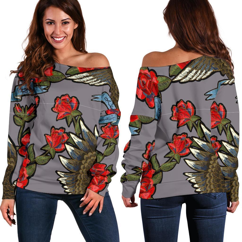 Eagle Rose Pattern Print Women Off Shoulder Sweatshirt-grizzshop