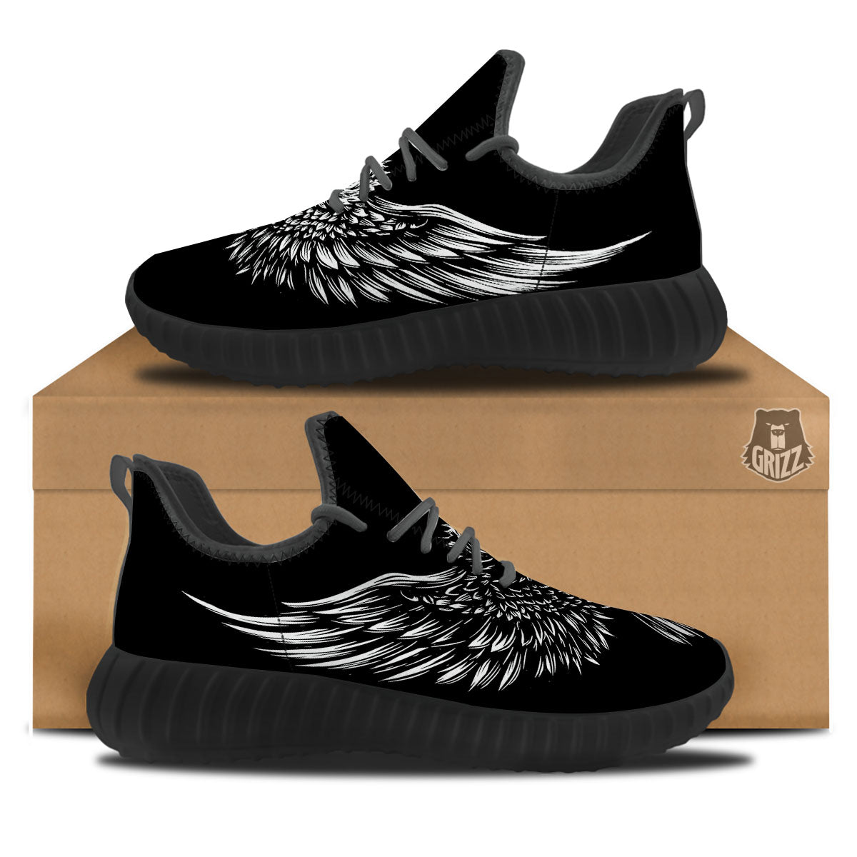 Eagle White And Black Print Black Walking Shoes-grizzshop