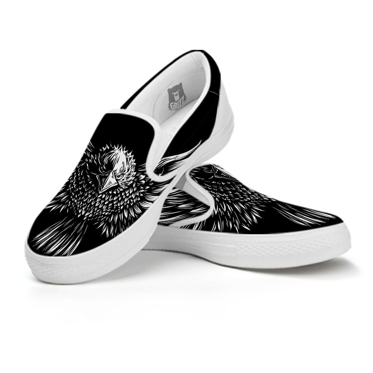 Eagle White And Black Print White Slip On Shoes-grizzshop