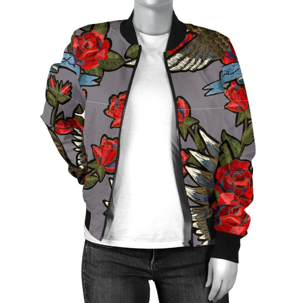 Eagle Rose Pattern Print Women Casual Bomber Jacket-grizzshop