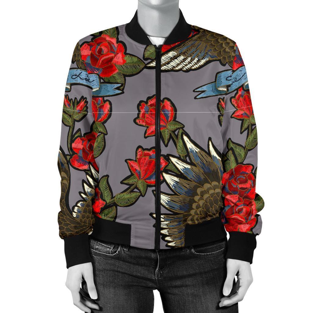 Eagle Rose Pattern Print Women Casual Bomber Jacket-grizzshop