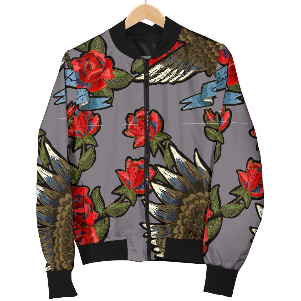 Eagle Rose Pattern Print Women Casual Bomber Jacket-grizzshop