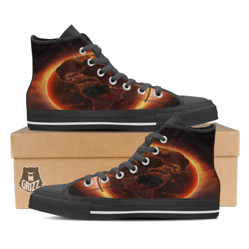 Earth Burning Print Black High Top Shoes-grizzshop
