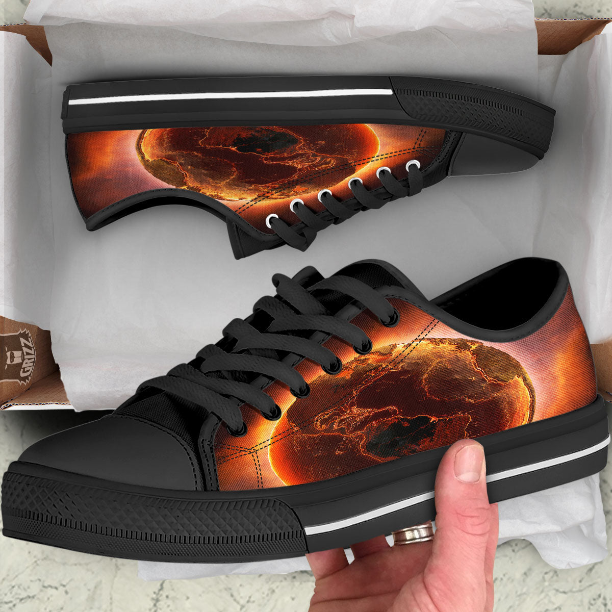 Earth Burning Print Black Low Top Shoes-grizzshop