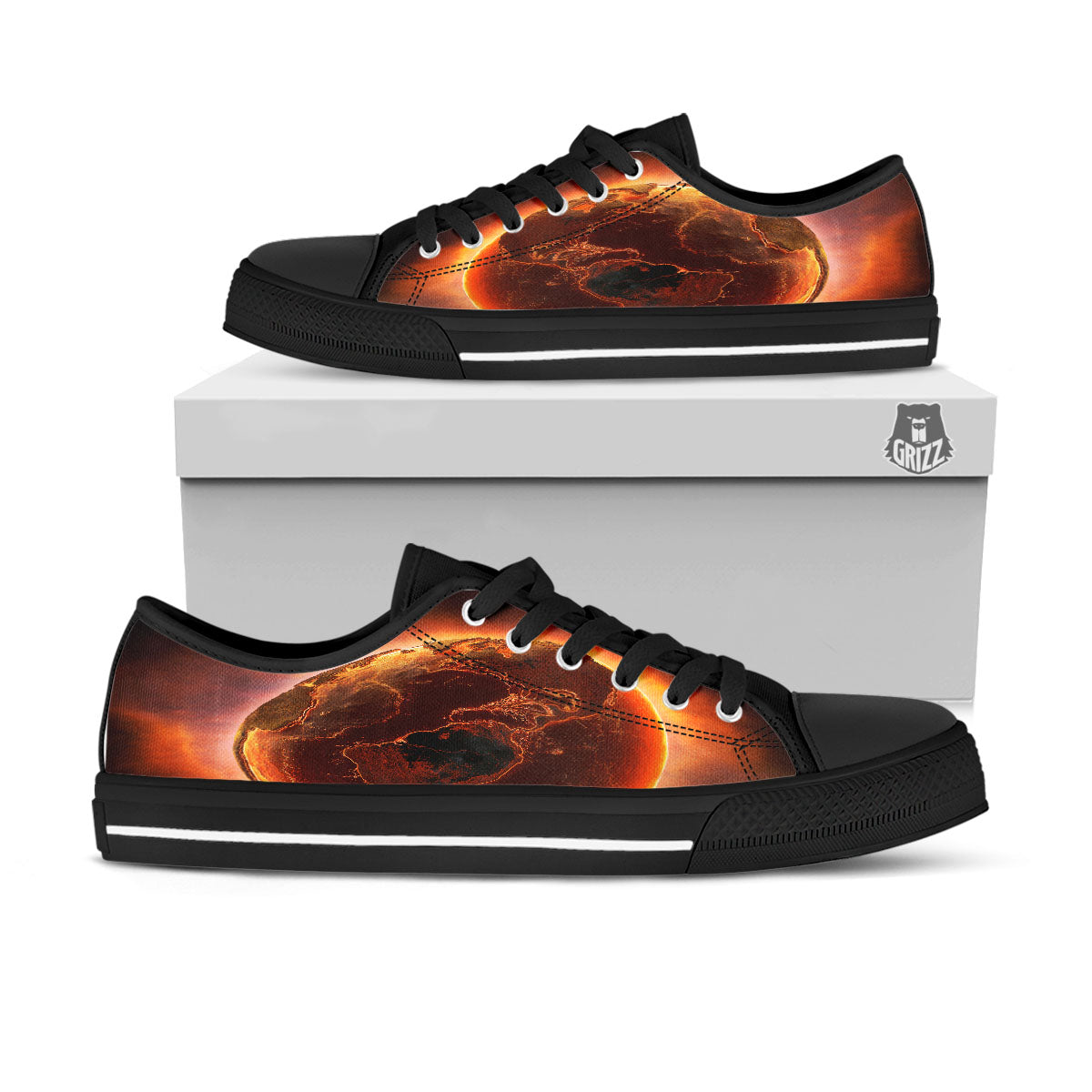 Earth Burning Print Black Low Top Shoes-grizzshop