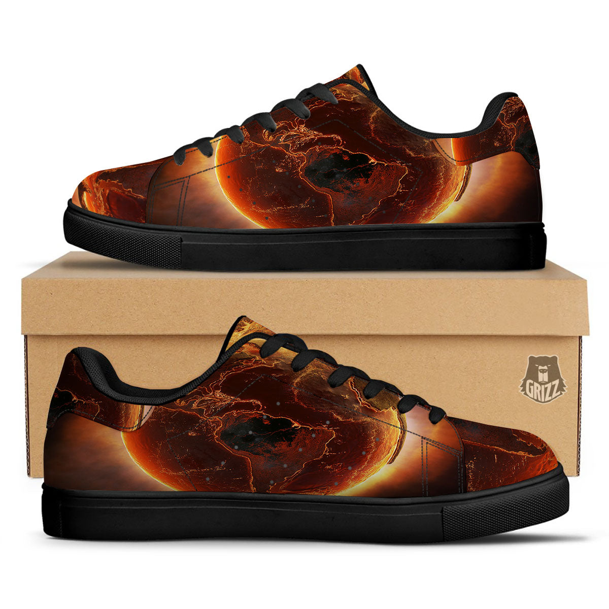 Earth Burning Print Black Low Top Sneakers-grizzshop