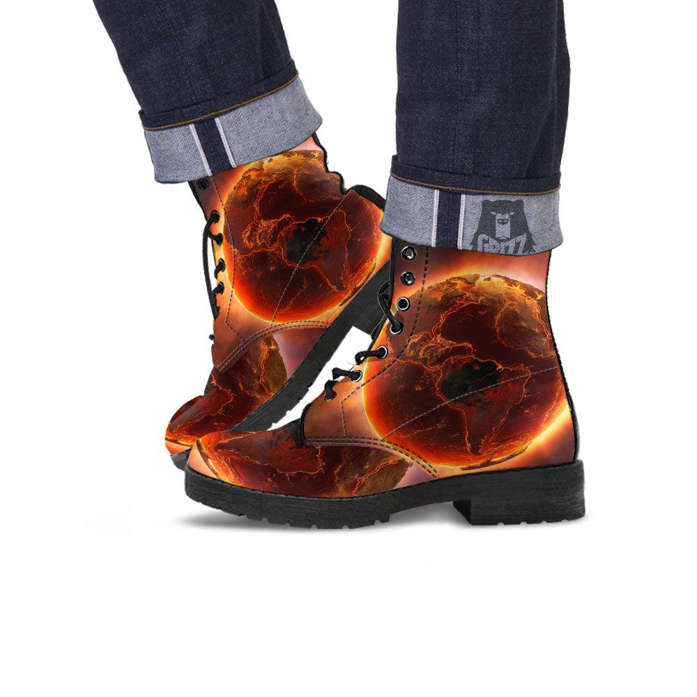 Earth Burning Print Leather Boots-grizzshop