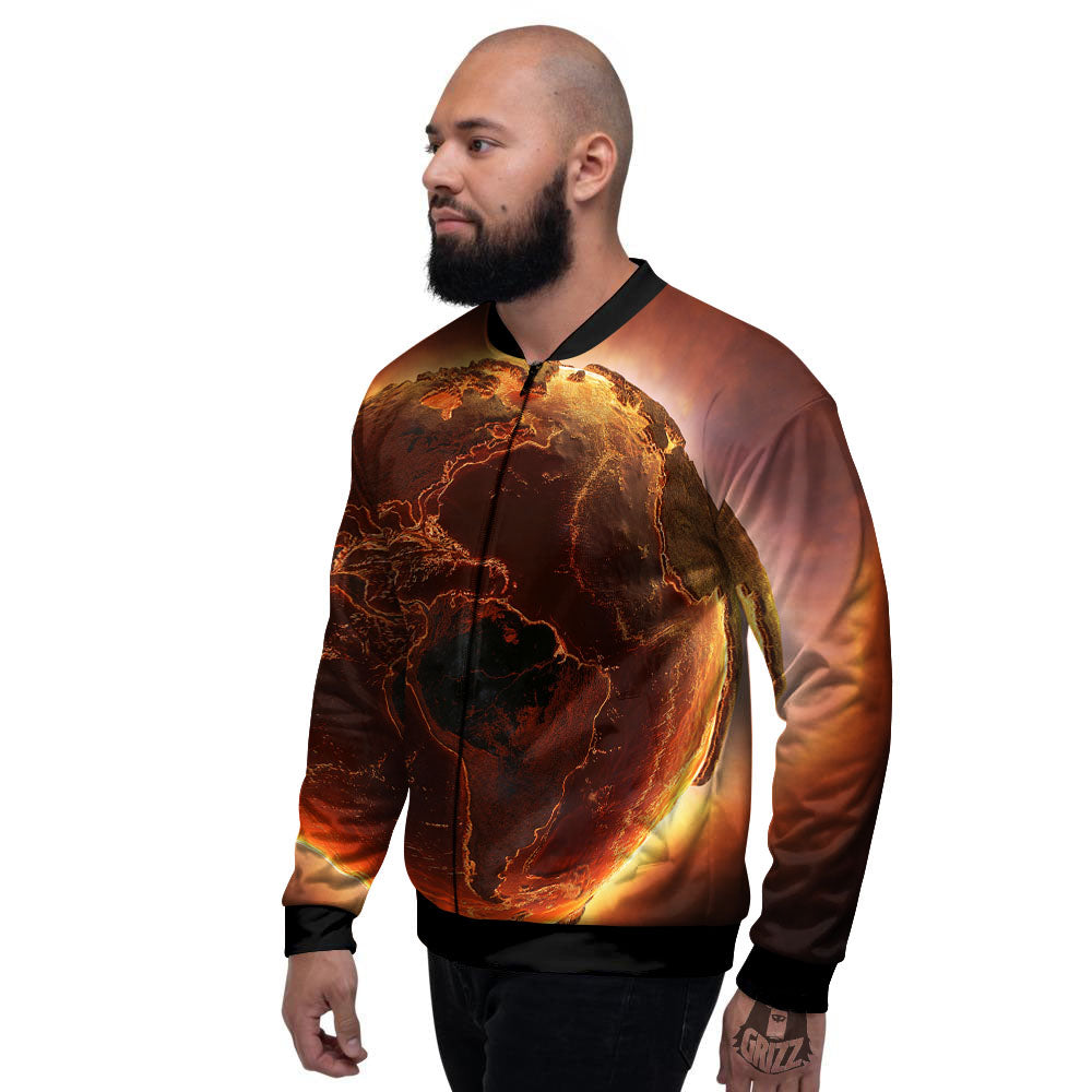 Earth Burning Print Men's Bomber Jacket-grizzshop