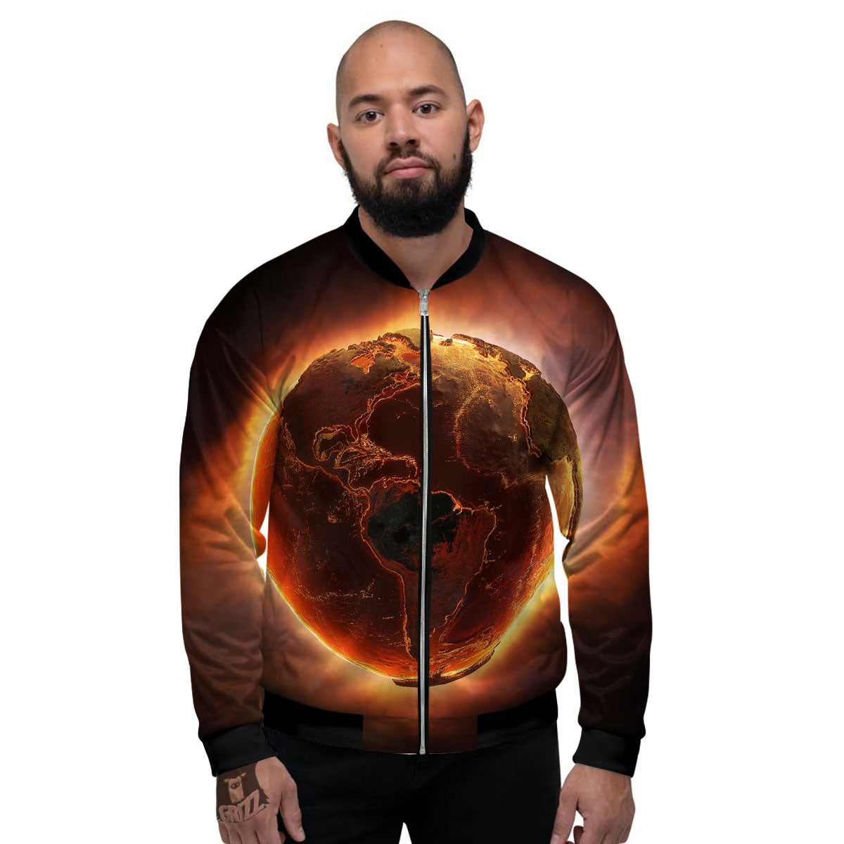 Earth Burning Print Men's Bomber Jacket-grizzshop