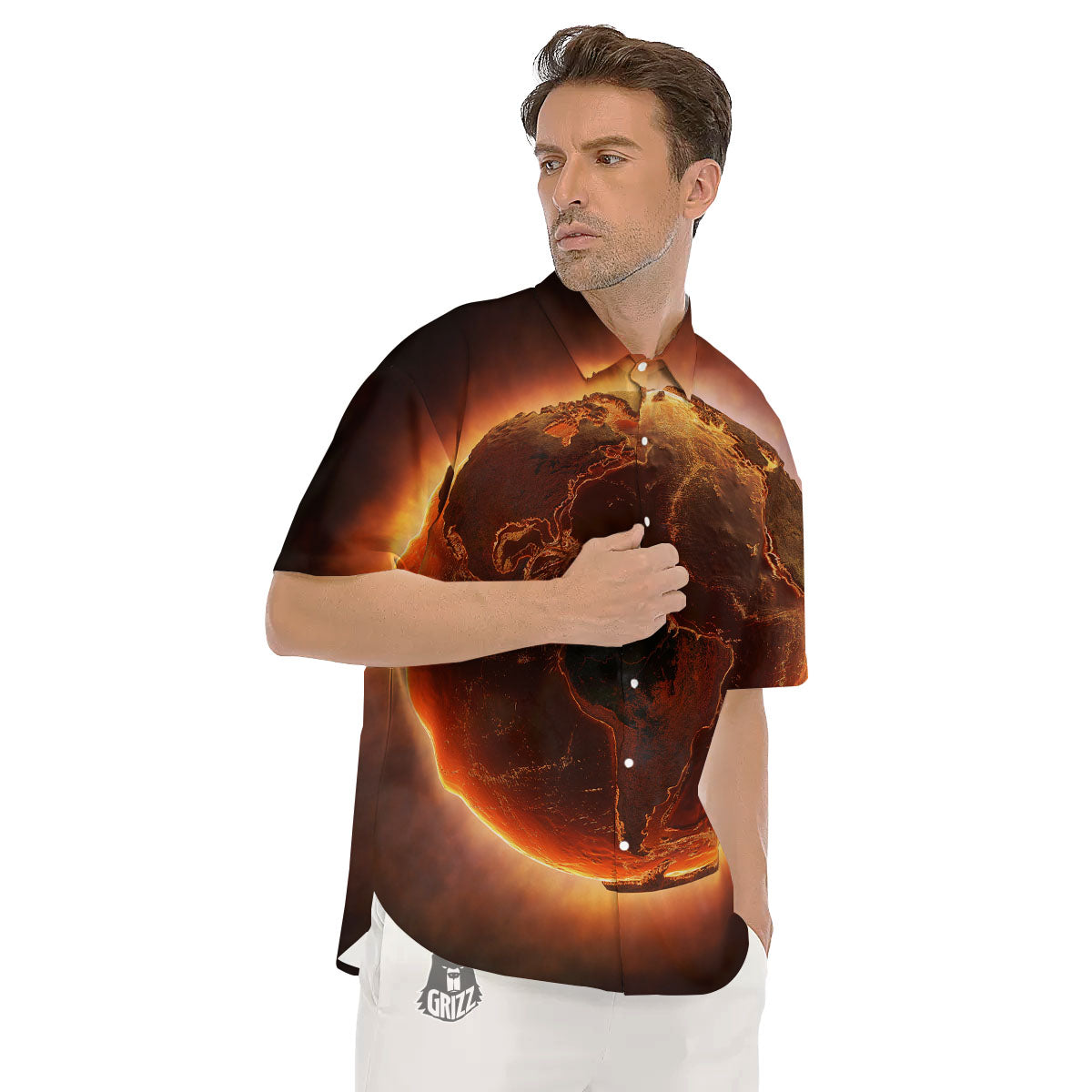 Earth Burning Print Men's Short Sleeve Shirts-grizzshop