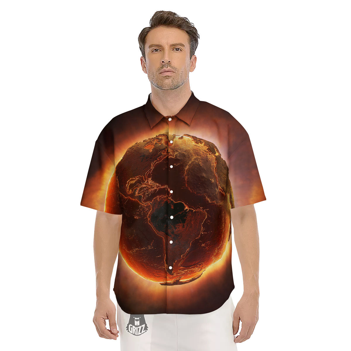 Earth Burning Print Men's Short Sleeve Shirts-grizzshop
