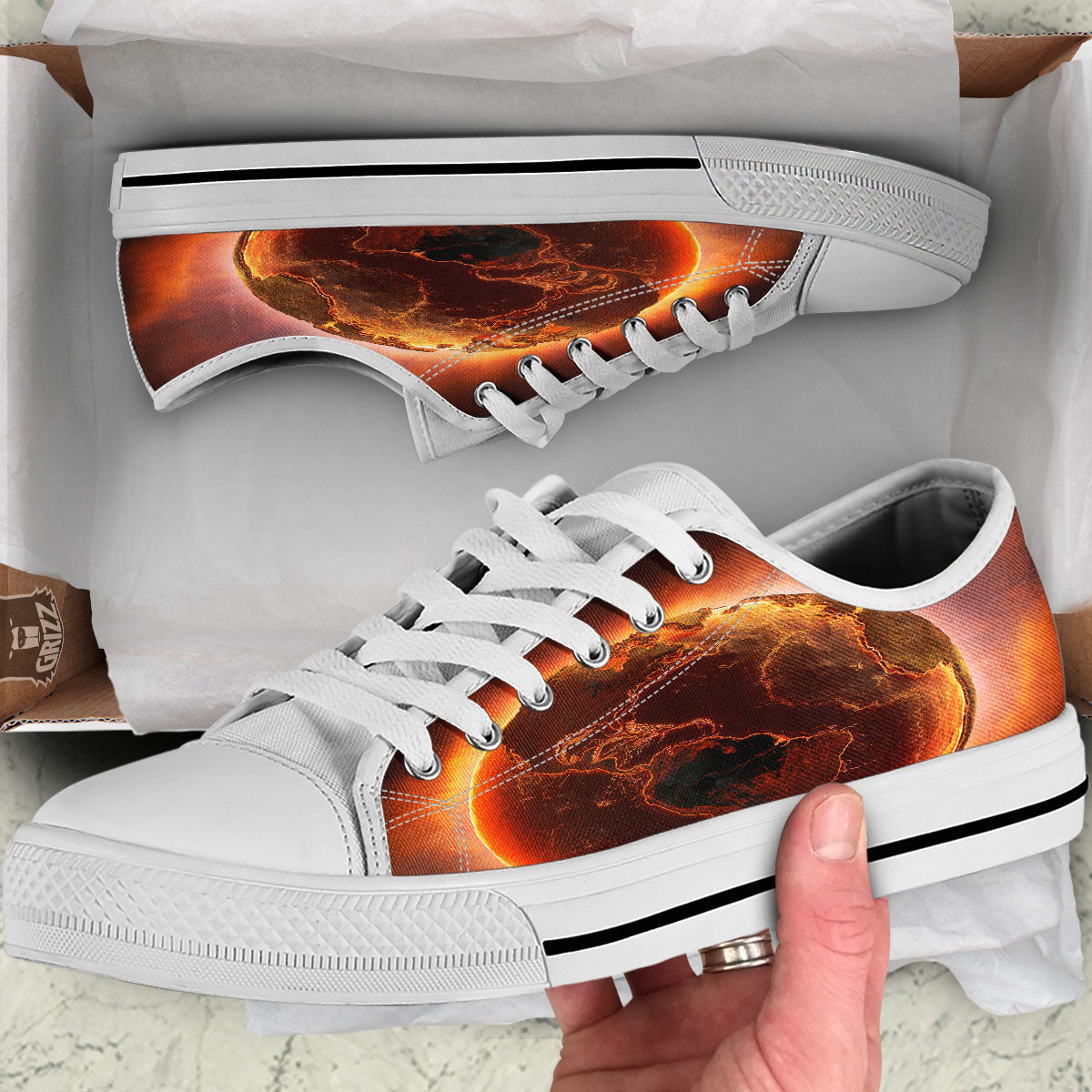 Earth Burning Print White Low Top Shoes-grizzshop
