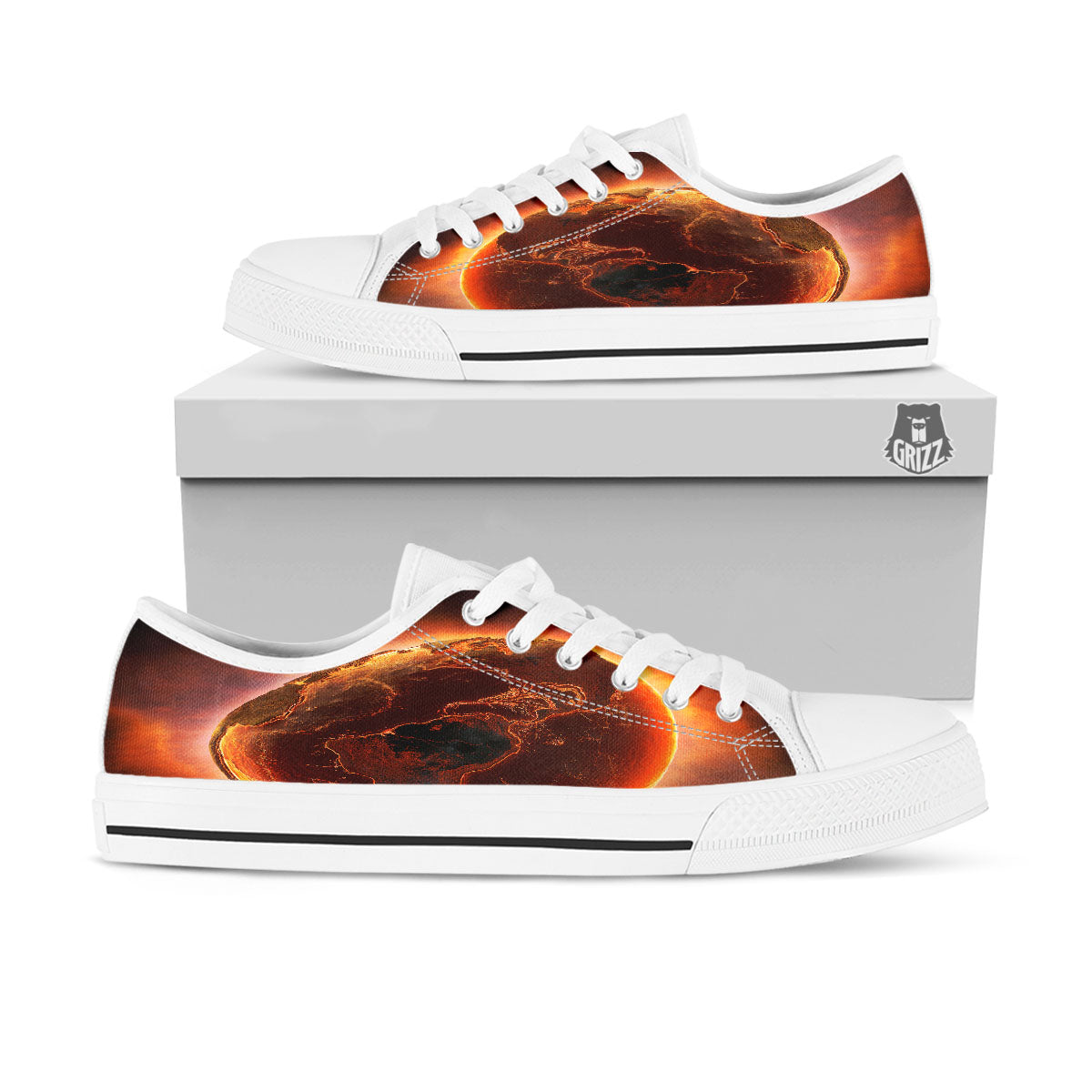 Earth Burning Print White Low Top Shoes-grizzshop