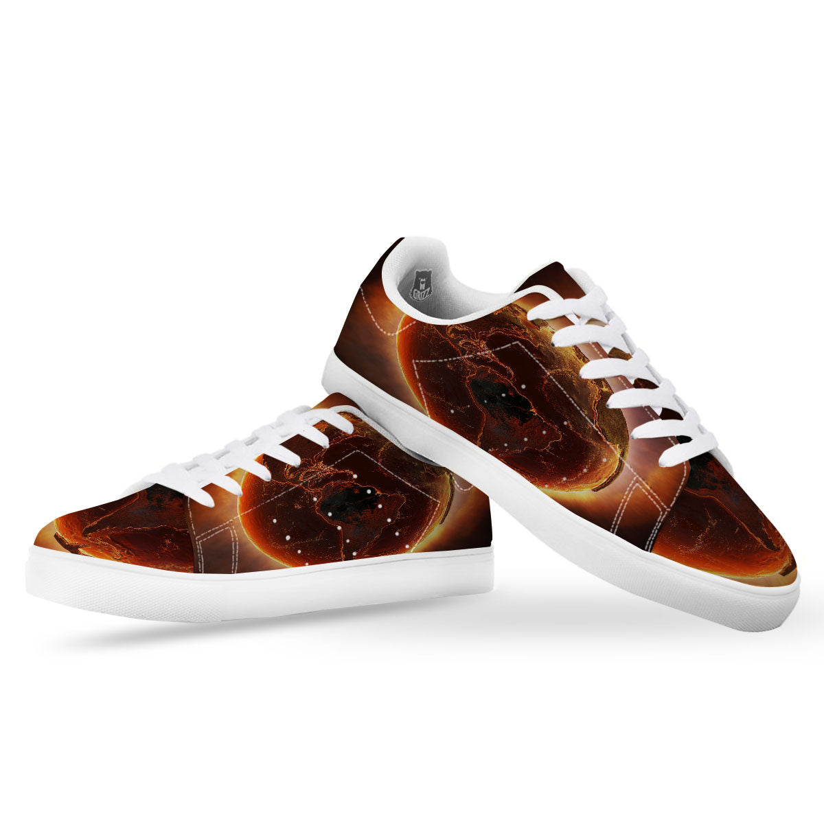 Earth Burning Print White Low Top Sneakers-grizzshop