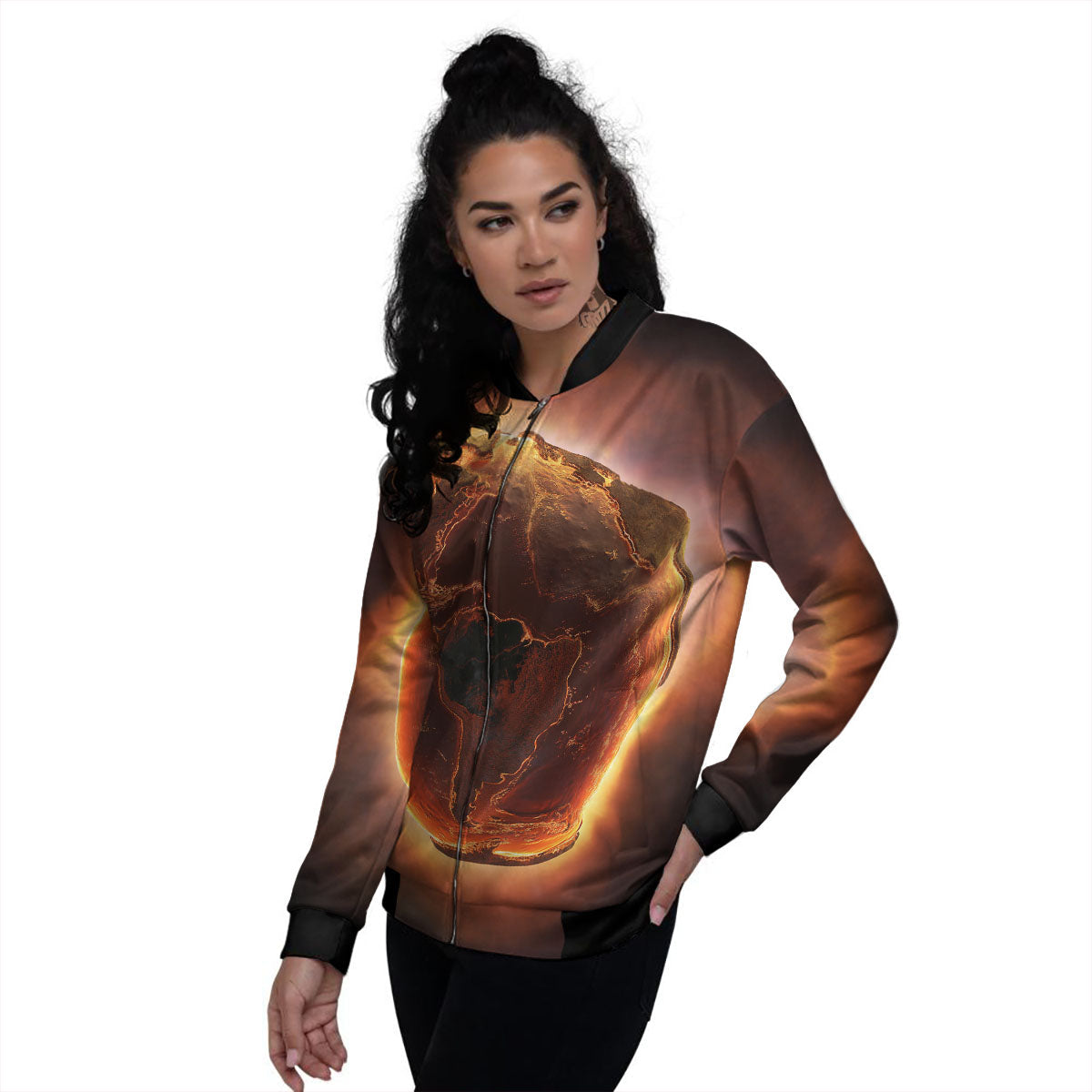 Earth Burning Print Women's Bomber Jacket-grizzshop