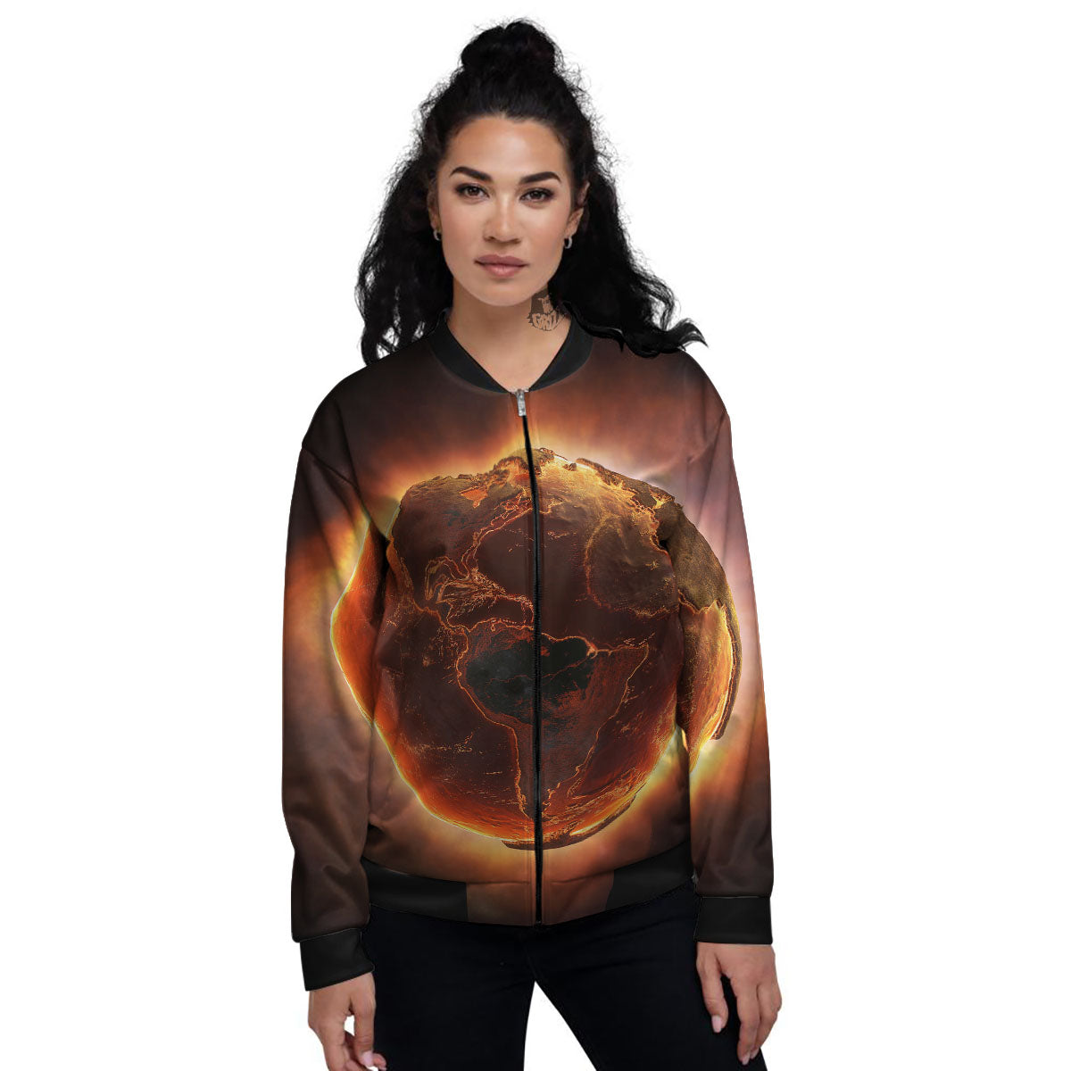 Earth Burning Print Women's Bomber Jacket-grizzshop