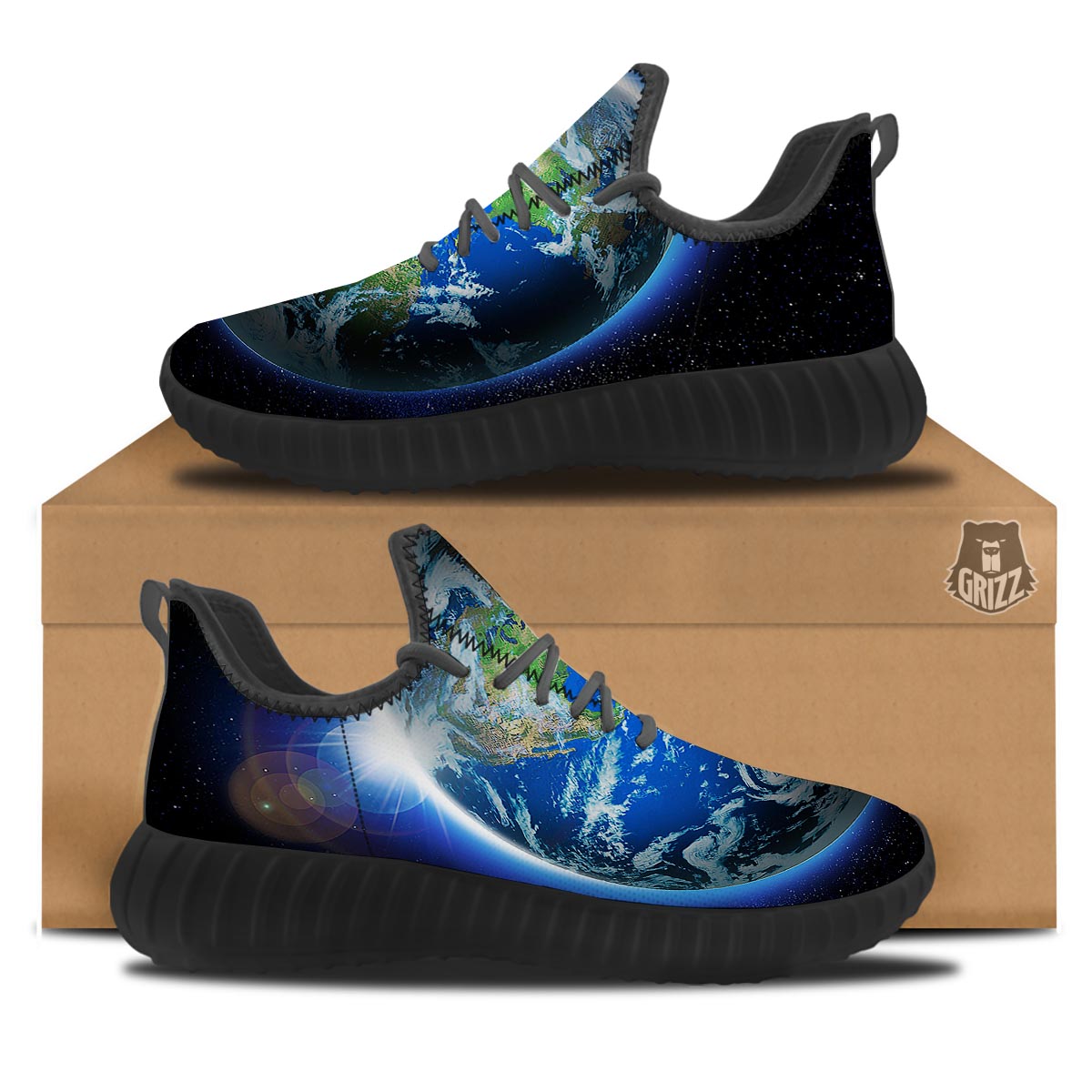 Earth Sunrise Print Black Walking Shoes-grizzshop