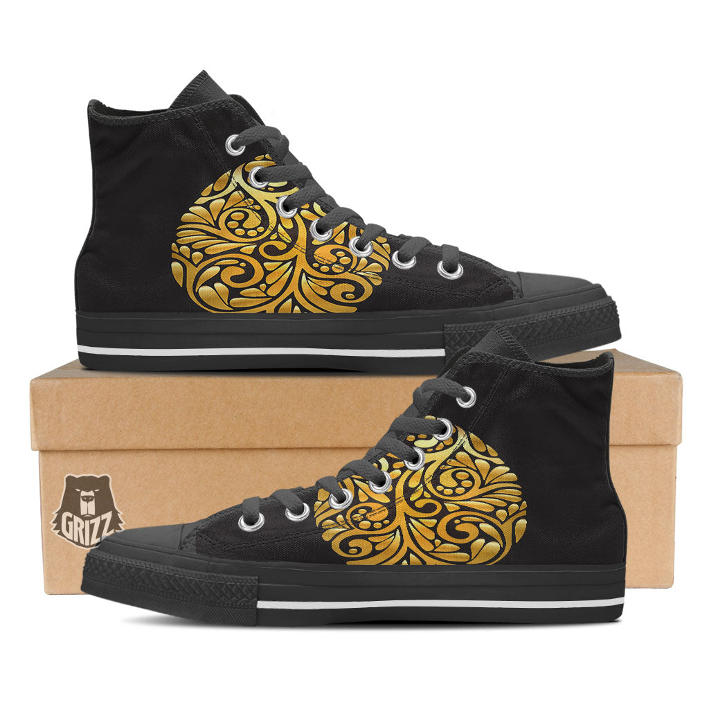 Easter Egg Gold Print Black High Top Shoes-grizzshop