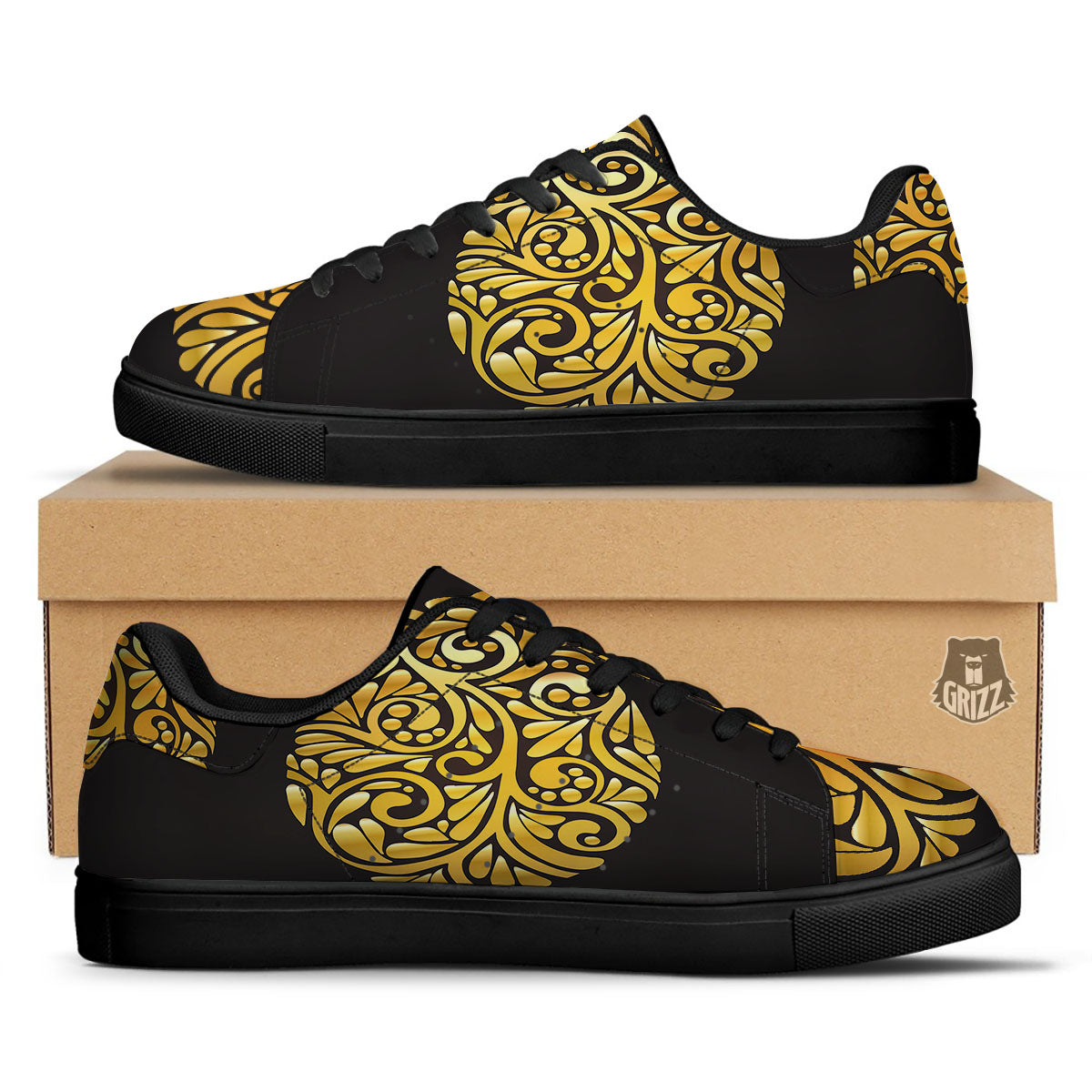 Easter Egg Gold Print Black Low Top Sneakers-grizzshop