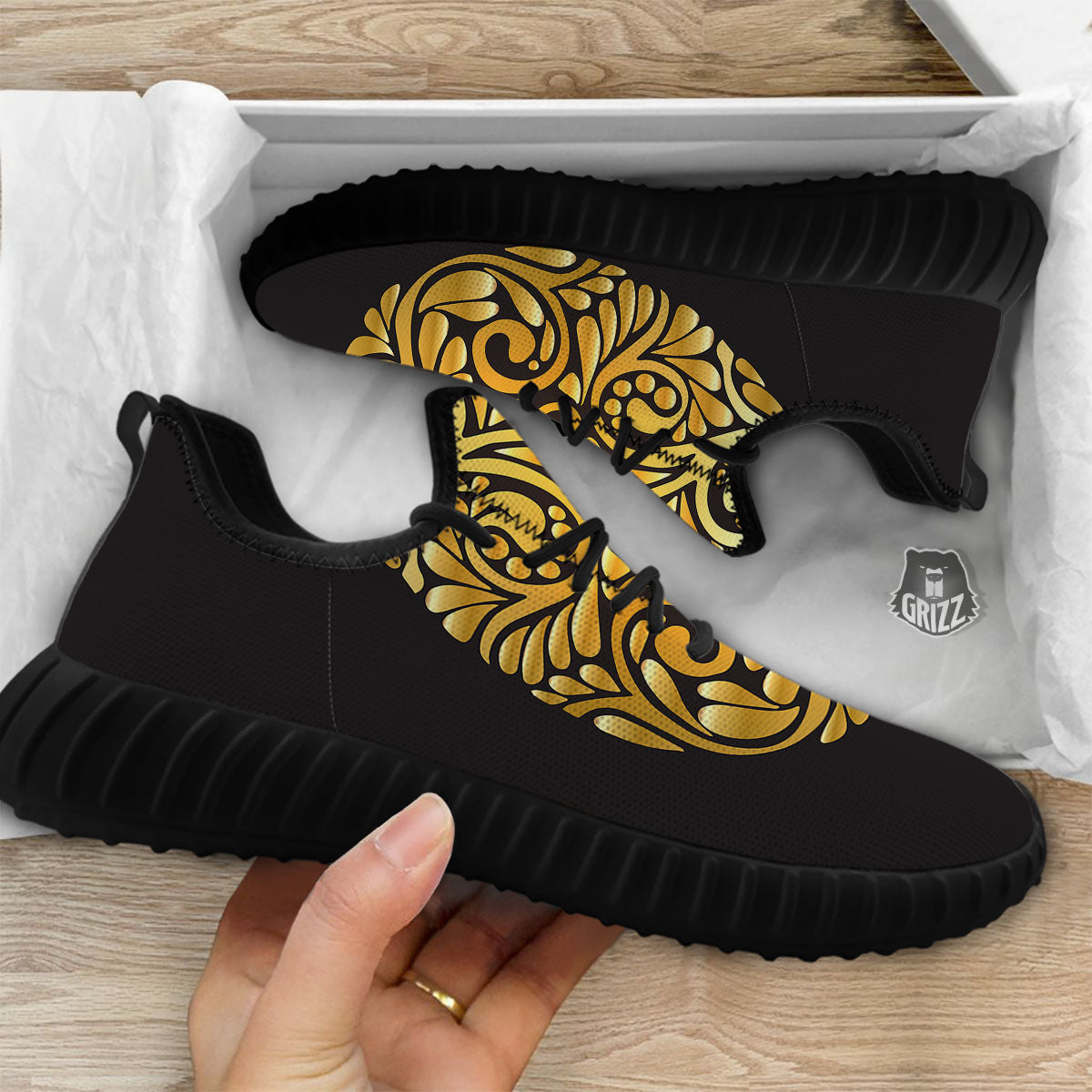 Easter Egg Gold Print Black Walking Shoes-grizzshop