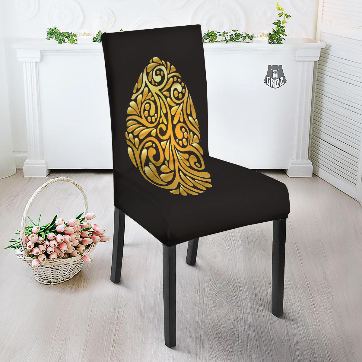 Easter Egg Gold Print Dining Chair Slipcover-grizzshop