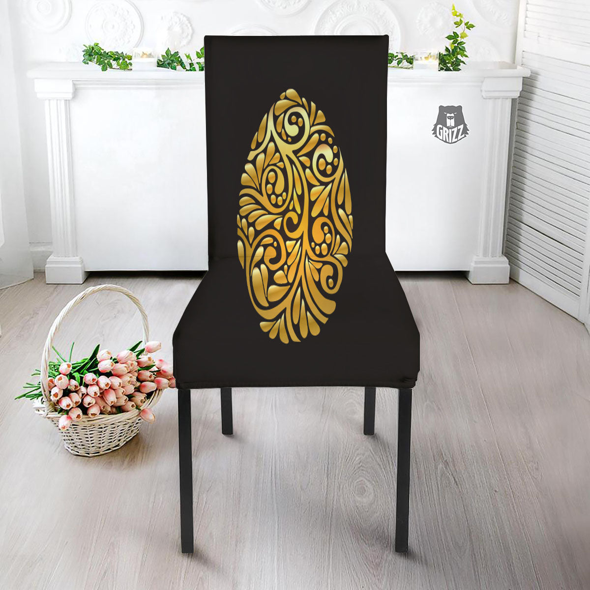 Easter Egg Gold Print Dining Chair Slipcover-grizzshop