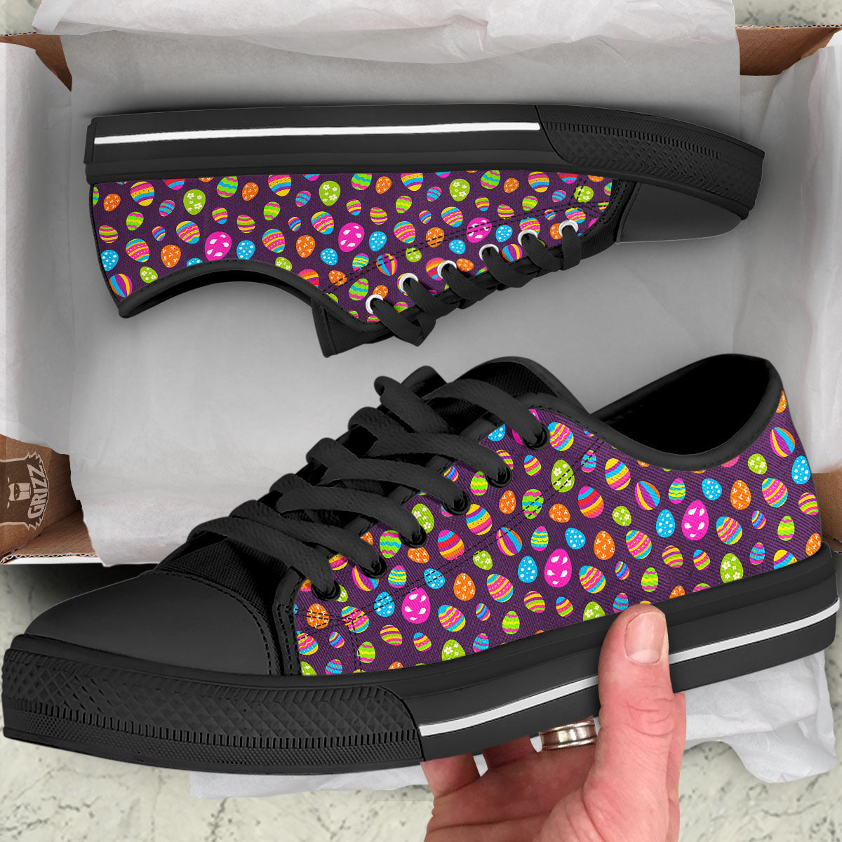 Easter Eggs Colorful Cute Print Pattern Black Low Top Shoes-grizzshop