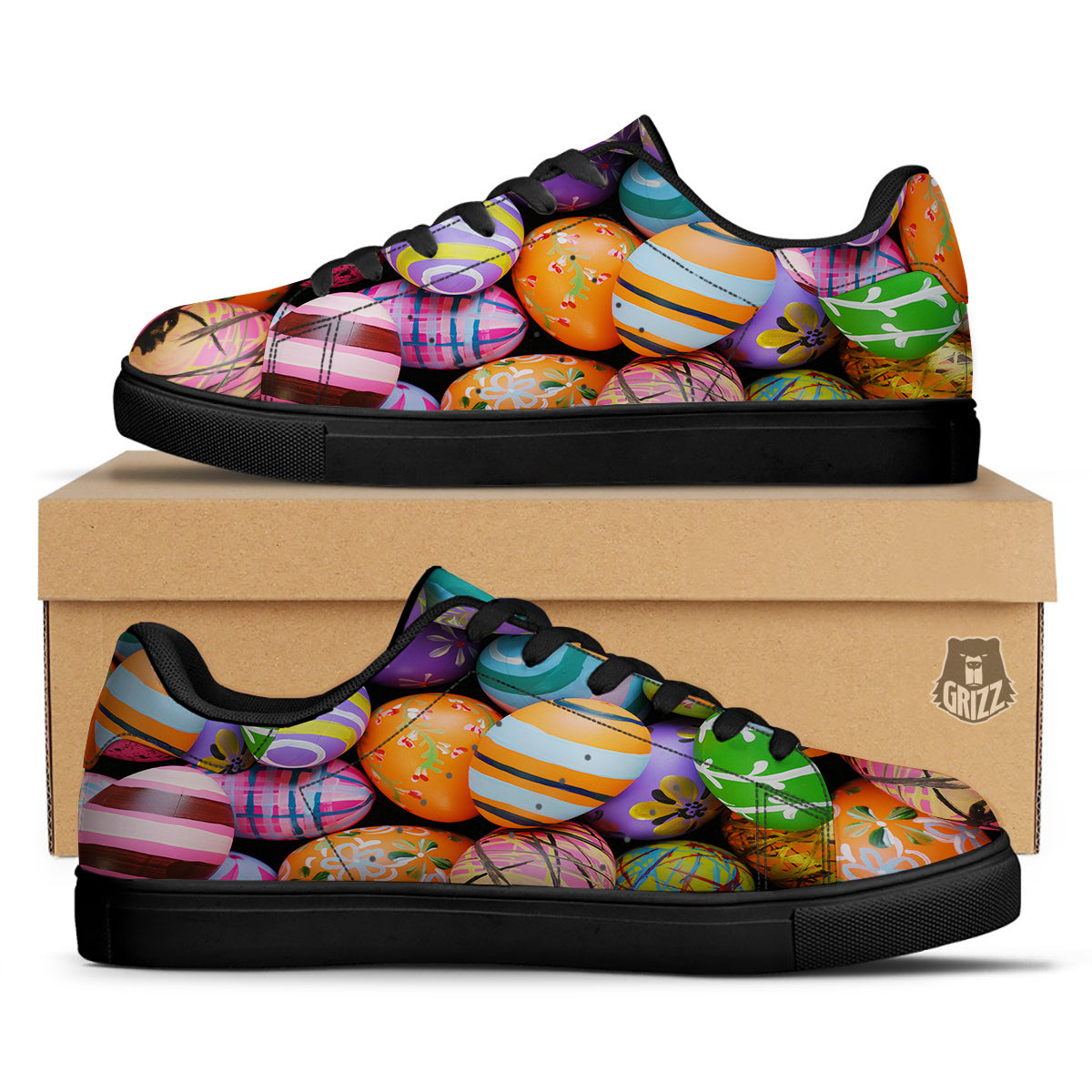 Easter Eggs Colorful Print Black Low Top Sneakers-grizzshop