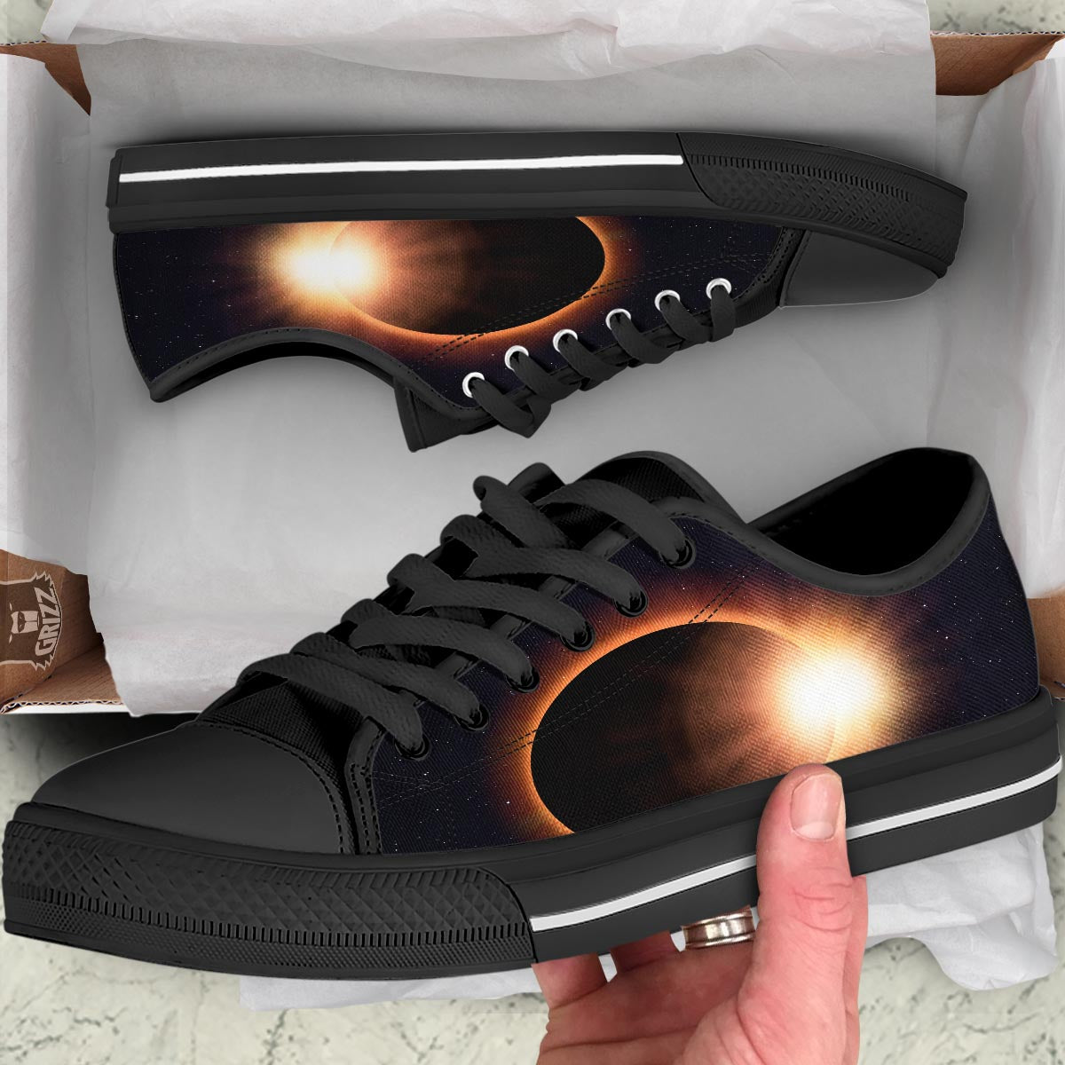 Eclipse Total Solar Print Black Low Top Shoes-grizzshop