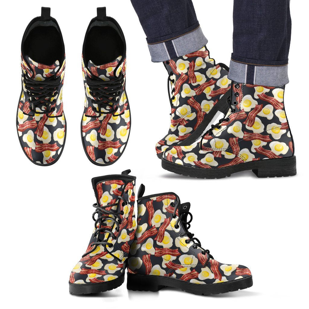 Egg Bacon Pattern Print Men Women Leather Boots-grizzshop