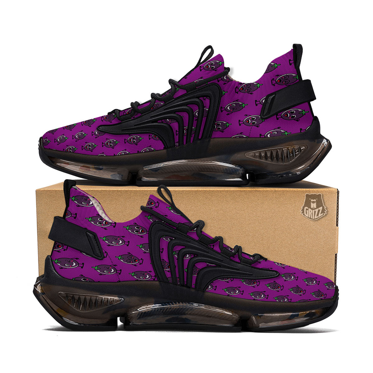 Eggplant Cartoon Print Pattern Black Gym Shoes-grizzshop