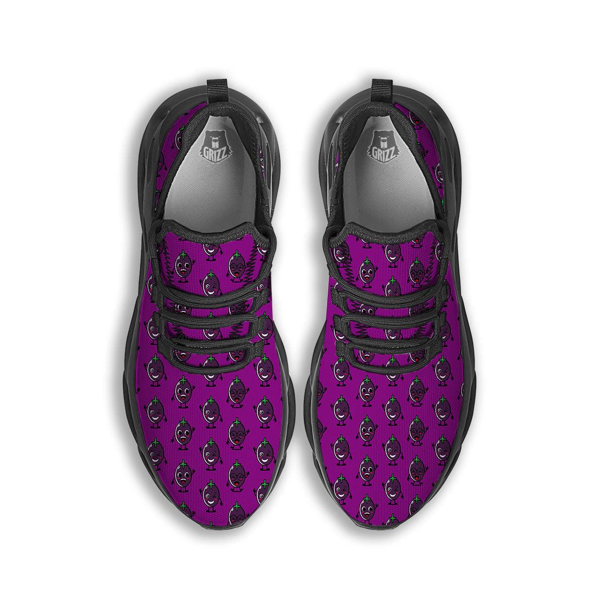 Eggplant Cartoon Print Pattern Black Running Shoes-grizzshop
