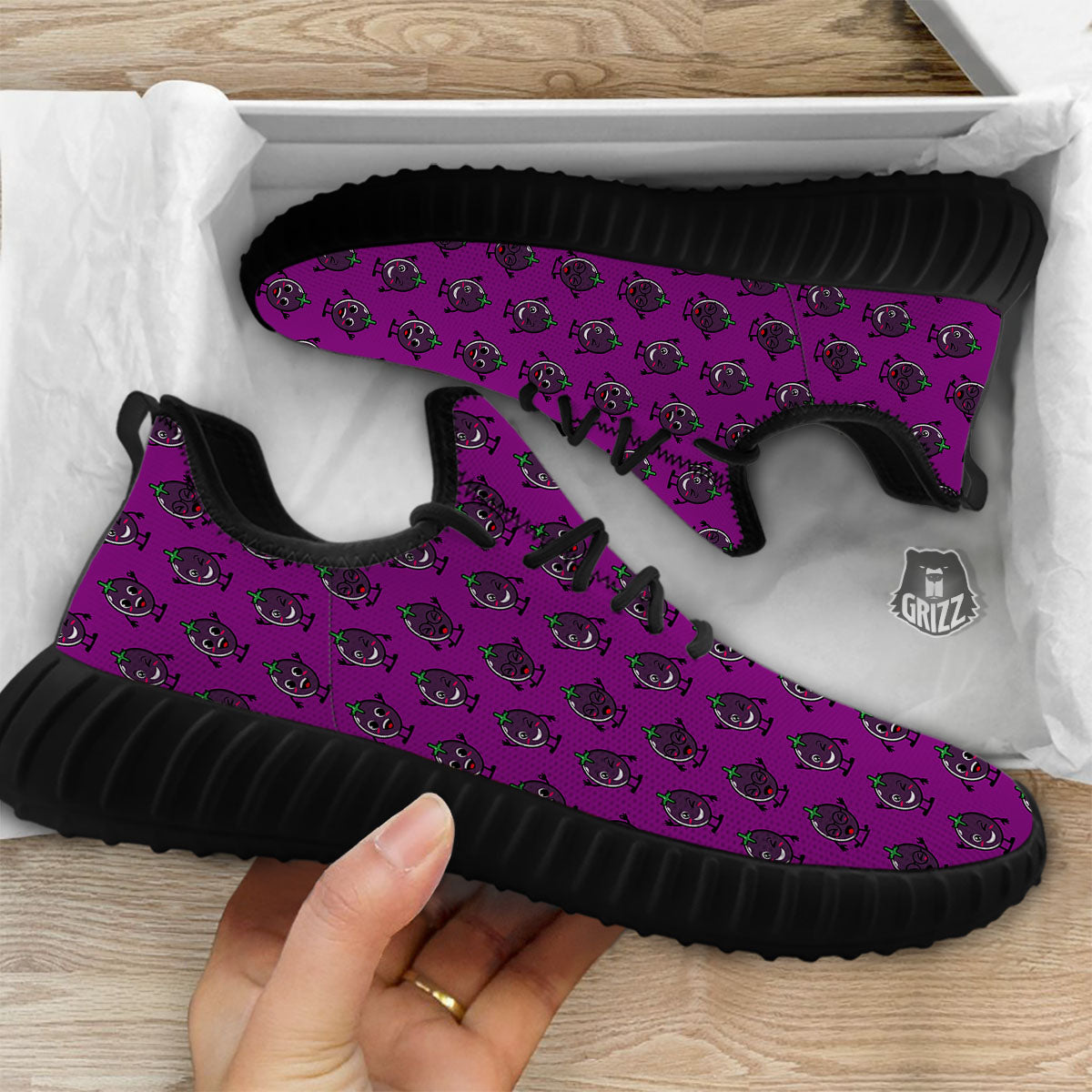 Eggplant Cartoon Print Pattern Black Walking Shoes-grizzshop