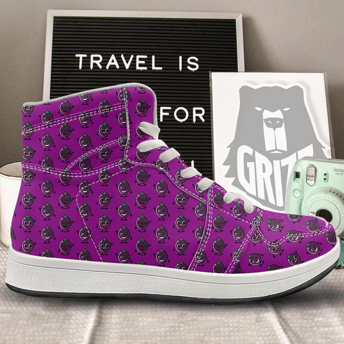 Eggplant Cartoon Print Pattern High Top Sneakers-grizzshop