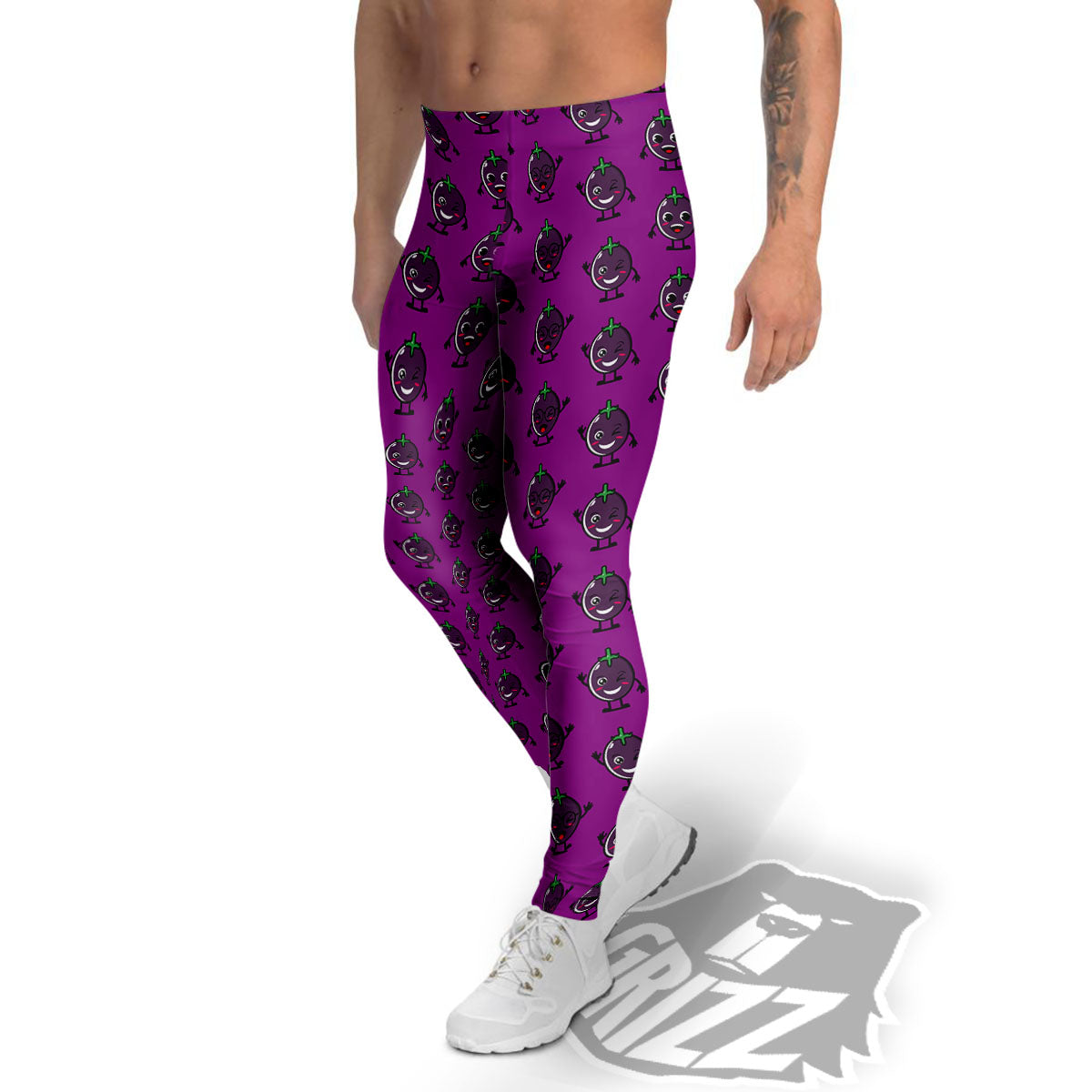 Eggplant Cartoon Print Pattern Men's Leggings-grizzshop