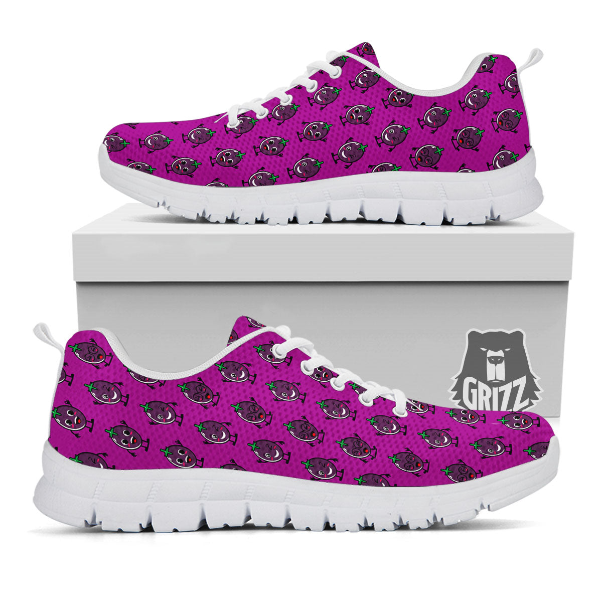 Eggplant Cartoon Print Pattern White Sneaker-grizzshop